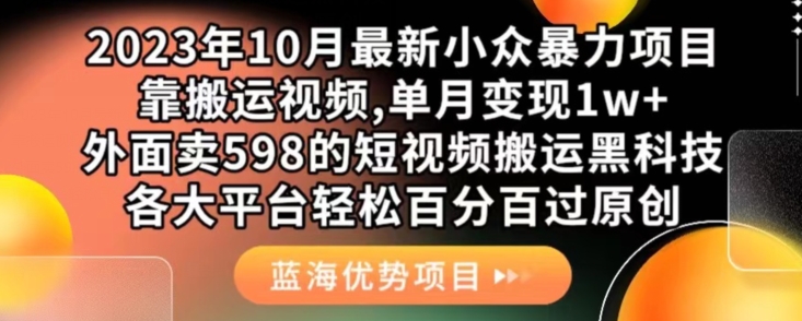 2023年10月最新小众暴力项目，靠搬运视频,单月变现1w+，外面卖598的短视频搬运黑科技，各大平台轻松百分百过原创 - 首创网